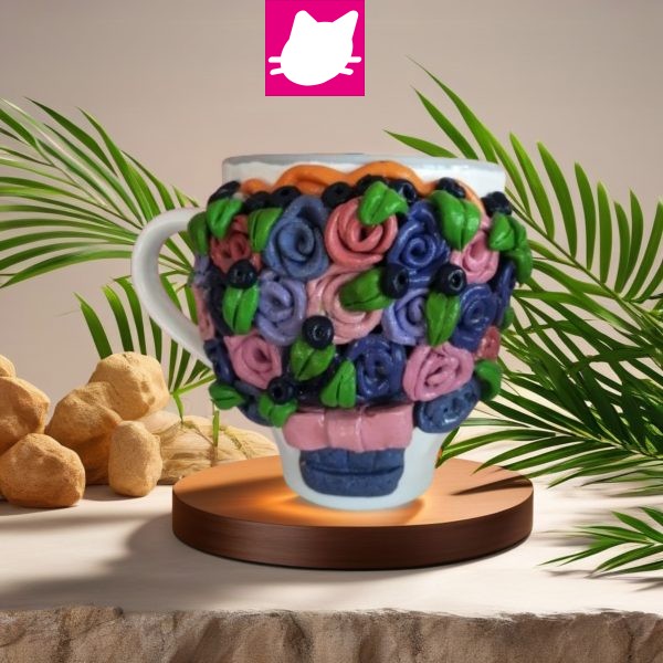 Vazoda Pembe Mor Gül Demeti  Polimer Kil Kupa Bardak