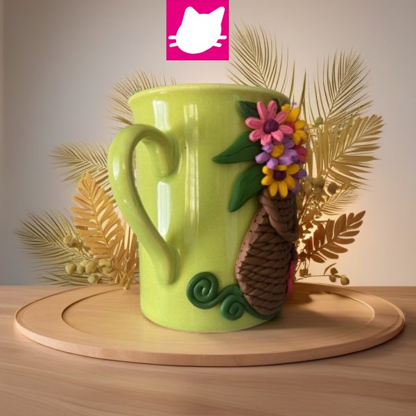 Alternative view of Kahverengi Hasır Vazoda Mavi-Mor-Pembe-Eflatun Papatya Arajmanı Polimer Kil Kupa Bardak