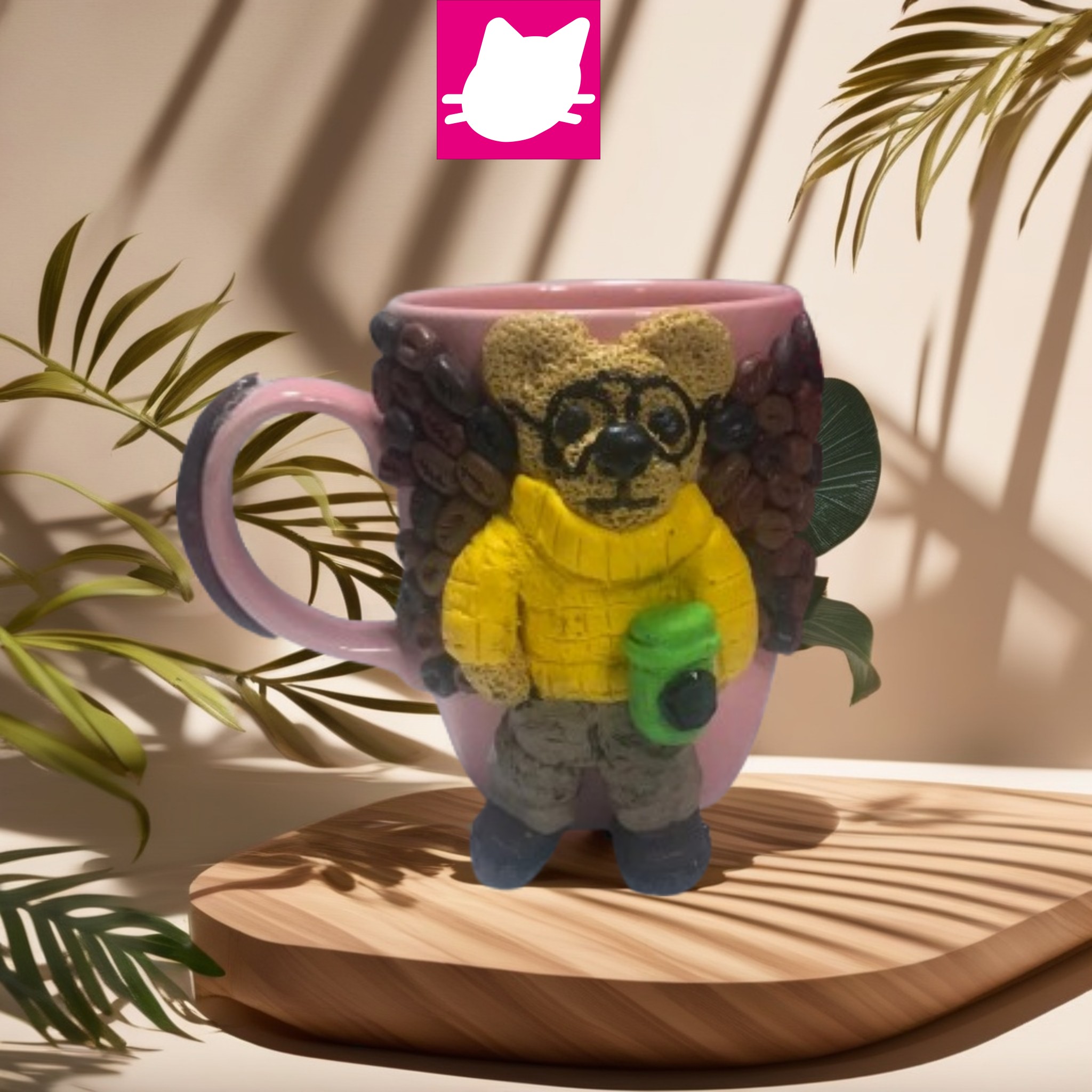 Kahve Çekirdeği Kanatlı Kahve İçen Ayı Detaylı 3D Kabartma Big Boy Kupa Bardak