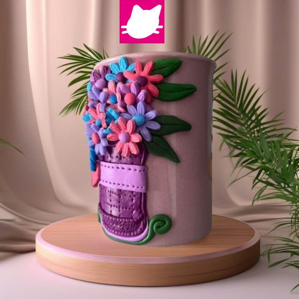 Alternative view of Mor Vazoda Mavi-Mor-Pembe-Eflatun Papatya Arajmanı Polimer Kil Kupa Bardak