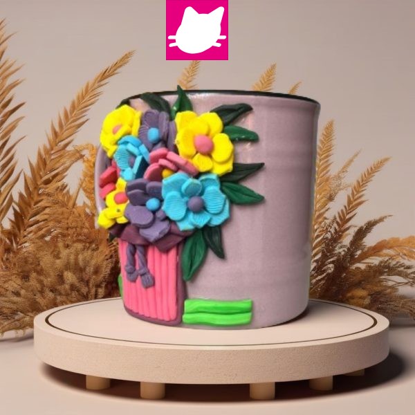 Alternative view of Pembe Vazoda  Rengarenk Çiçek Arajmanı Polimer Kil Kupa Bardak