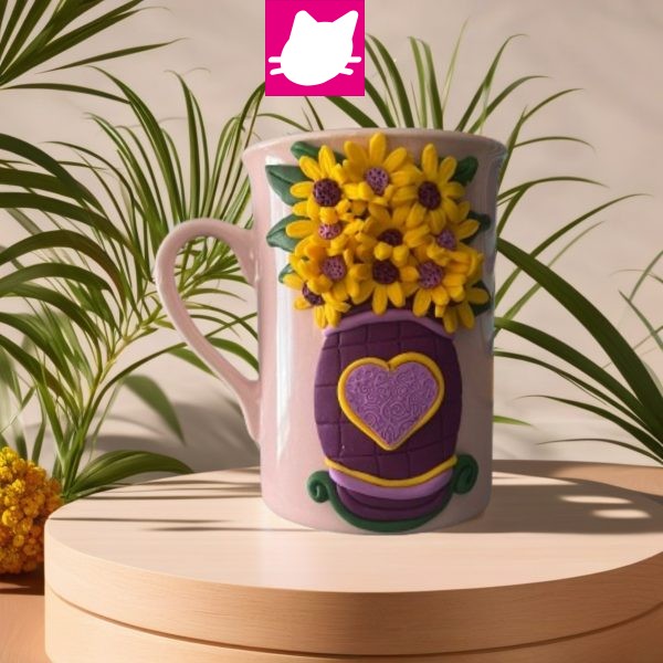 Mor Kalpli Vazoda Mavi-Mor-Pembe-Eflatun Papatya Arajmanı Polimer Kil Kupa Bardak