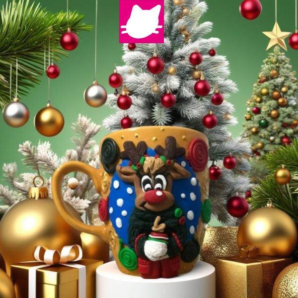 Yeşil Kazaklı Yeni Yıl Noel Geyiği  Polimer Kil  Kupa Bardak