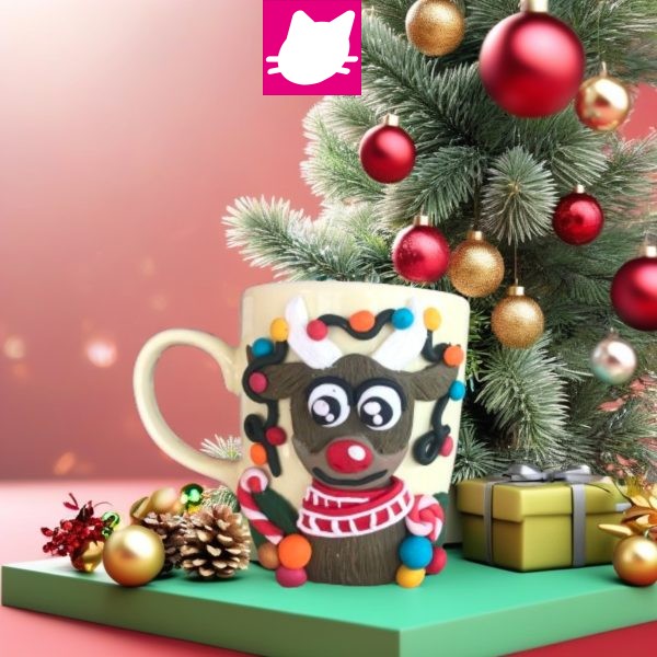 Yeni Yıl Noel Geyiği Polimer Kil Özel Tasarım Kupa Bardak