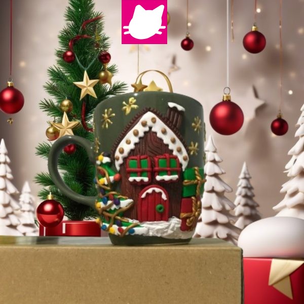 Yeni Yıl Noel Evi Çam Ağacı ve Hediye Kutuları  Polimer Kil Özel Tasarım Kupa Bardak