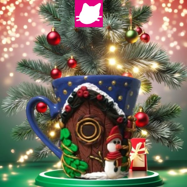 Yeni Yıl Noel Evi Çam Ağacı ve Kardan Adam Polimer Kil Özel Tasarım Kupa Bardak