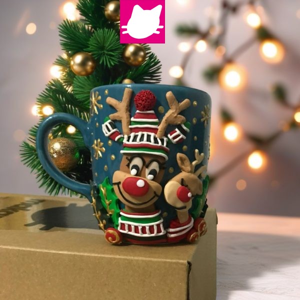 Sevimli Yeni Yıl Noel Geyikleri Polimer Kil  Kupa Bardak
