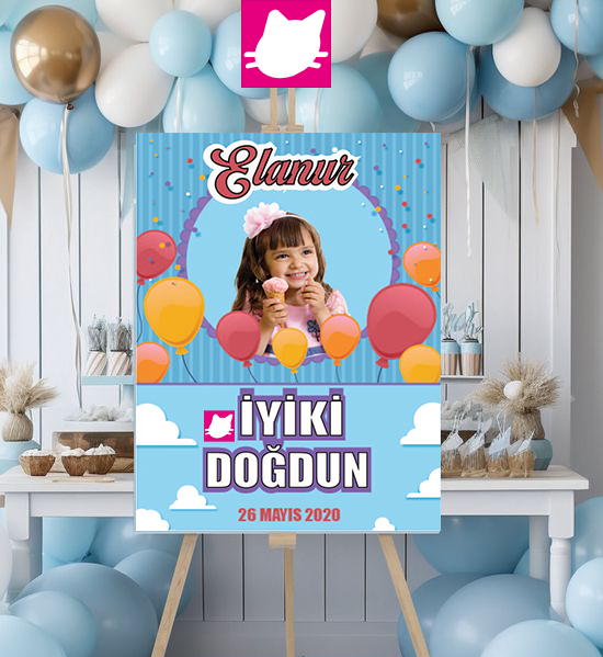 Balon Gökyuzu , Bulut Doğum Günü Panosu / Karşılama Panosu  50x70 - DGNPN1023