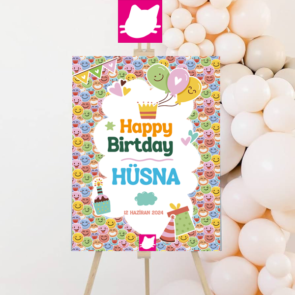 Emojiler ve Balon  Doğum Günü Konsepti Temalı  Doğum Günü Panosu / Karşılama Panosu  50x70 - DGNPN1026