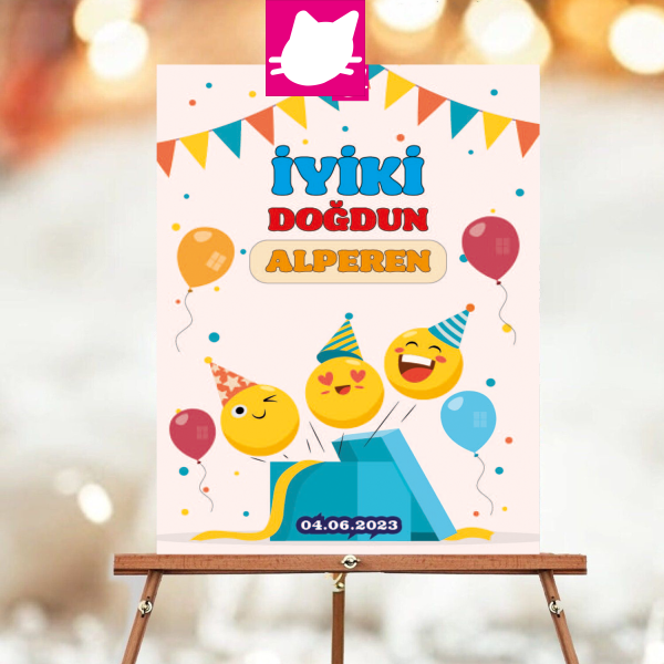 Emojiler ve Balon  Doğum Günü Konsepti Temalı  Doğum Günü Panosu / Karşılama Panosu  50x70 - DGNPN1051