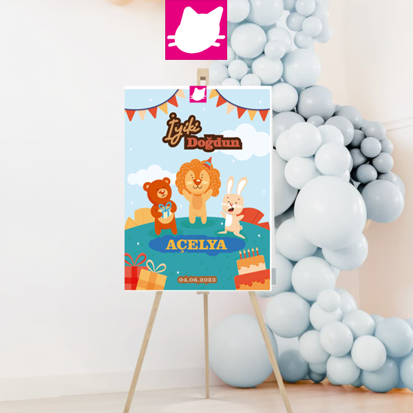 Sevimli Hayvanlar Konsept Temalı Ayi Tavsan Aslan Hediye Paketi Kutulari Doğum Günü Panosu / Karşılama Panosu 50x70 - DGNPN1049