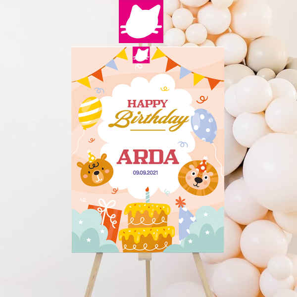 Sevimli Hayvanlar Ayi Aslan Hediye Kutulari  Balonlar ve Pasta Doğum Günü  Konsept Temalı Doğum Günü Panosu / Karşılama Panosu 50x70 - DGNPN1029