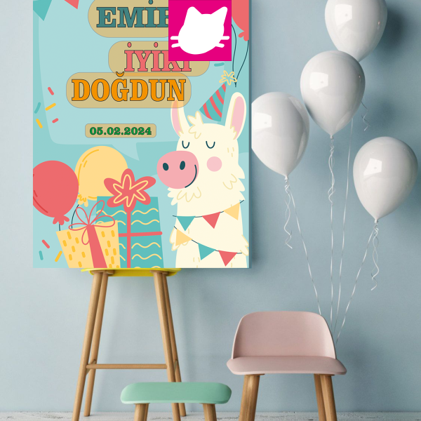 Sevimli Hayvanlar Konsept Temalı Lama Balon ve Hediye Paketi Kutulari Doğum Günü Panosu / Karşılama Panosu 50x70 - DGNPN1011
