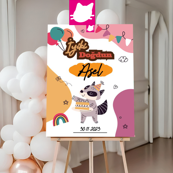 Sevimli Hayvanlar Sevimli Rakun  ve Pasta Doğum Günü  Konsept Temalı Doğum Günü Panosu / Karşılama Panosu 50x70 - DGNPN1047