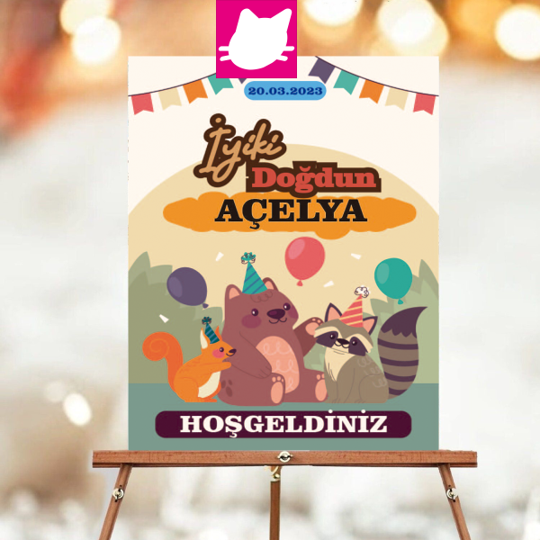 Sevimli Hayvanlar ve Balonlar- Ayi sincap Kokarca Konsept Temalı Doğum Günü Panosu / Karşılama Panosu 50x70 - DGNPN1048