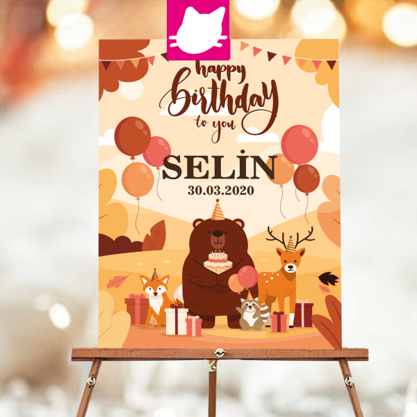 Sevimli Hayvanlar Hediye Paketleri ve Balonlar- Ayi Tilki Geyik Konsepti Sonbahar Temalı Doğum Günü Panosu / Karşılama Panosu 50x70 - DGNPN1015
