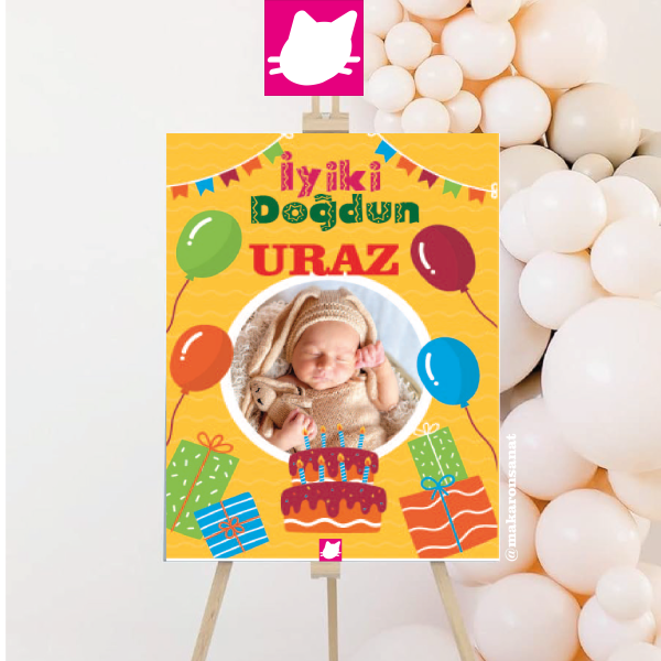 Balon -Hediye Kutu ve Paketleri Pasta Doğum Günü Konsepti Temalı  Doğum Günü Panosu / Karşılama Panosu  50x70 - DGNPN1002