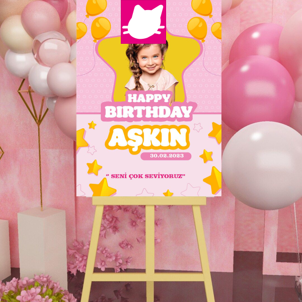 Balon - Yıldız  Doğum Günü Konsepti Temalı Sarı- Pembe  Doğum Günü Panosu / Karşılama Panosu  50x70 - DGNPN1038