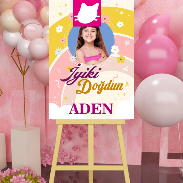 Çiçek ve Gökkuşağı Doğum Günü Panosu / Karşılama Panosu  50x70 - DGNPN1032