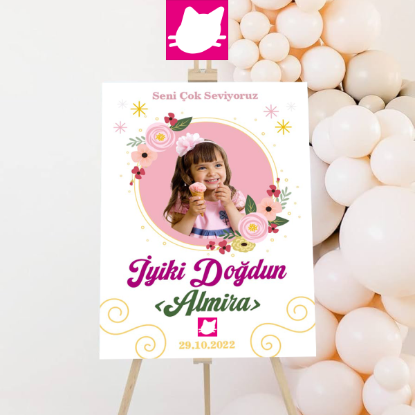 Çiçekli  Doğum Günü Panosu / Karşılama Panosu  50x70 - DGNPN1035
