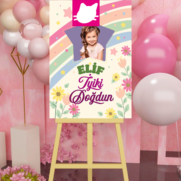 Çiçekli - Gökkuşağı - Yildizli Doğum Günü Panosu / Karşılama Panosu  50x70 - DGNPN1030