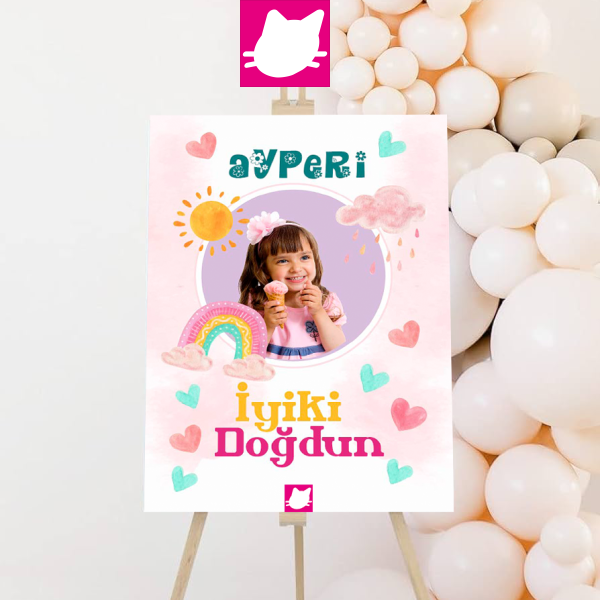 Kalp -Bulut-Gunes- Gokkusagı Doğum Günü Panosu / Karşılama Panosu  50x70 - DGNPN1037