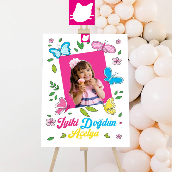 Çiçek ve Kelebekler Doğum Günü Panosu / Karşılama Panosu  50x70 - DGNPN1034