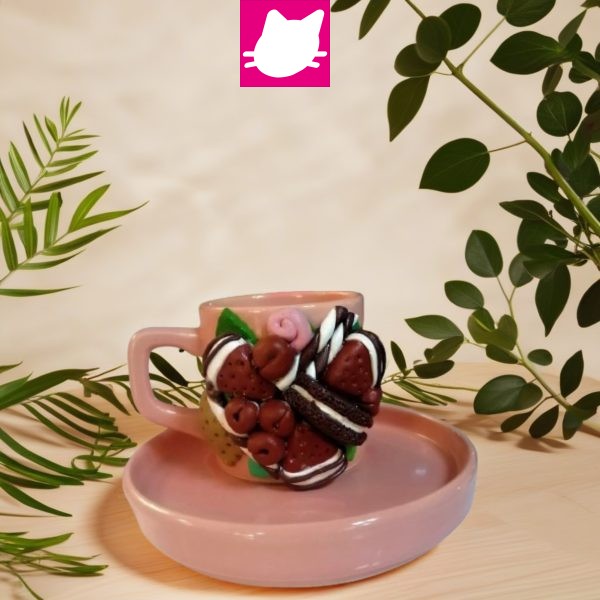 Kiraz Vişne  Çilek Makaron Çikolata Detaylı Polimer Kil Pembe Kahve Fincani