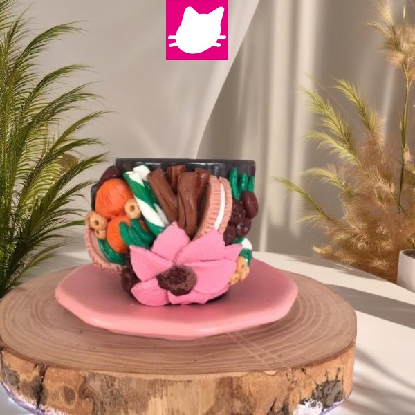 Mandalina Çiçek Çikolata Kahve Makaron  Yaprak Detaylı Polimer Kil Gri Pembe Kahve Fincani