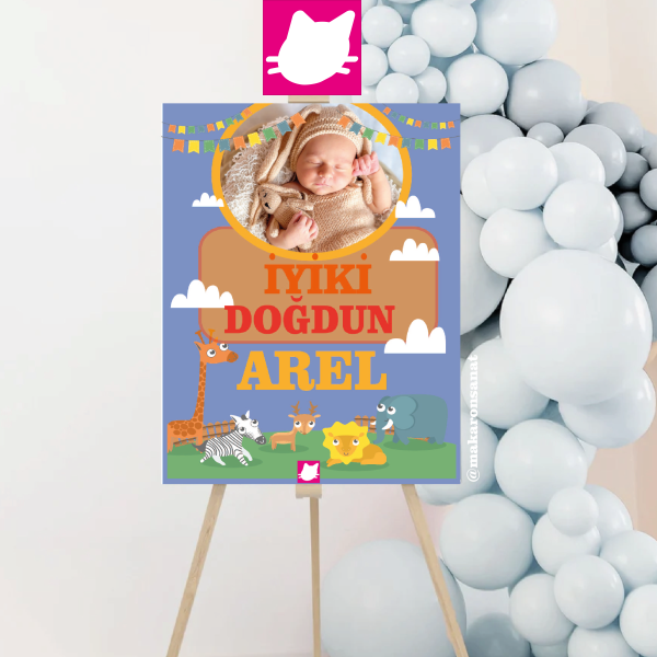 Sevimli Hayvanlar Zurafa Fil Geyik Aslan Zebra Konsept Temalı Safari Doğum Günü Panosu / Karşılama Panosu 50x70 - DGNPN1008