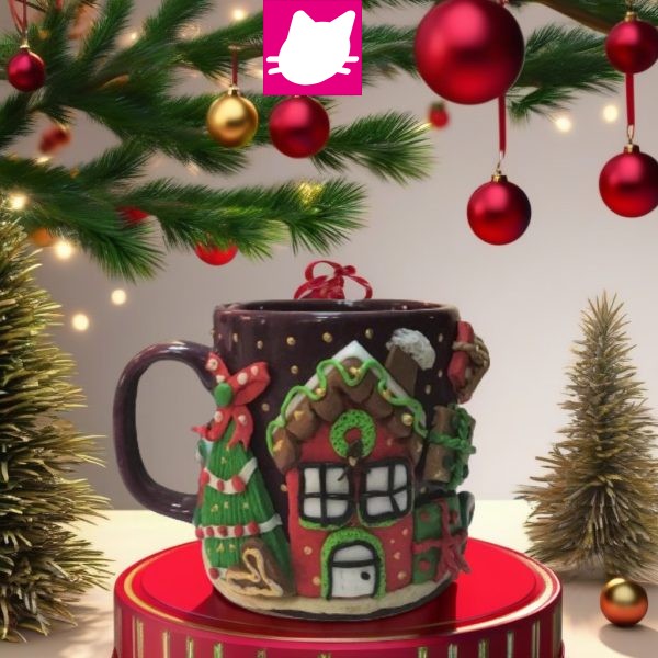 Yeni Yıl Noel Evi Çam Ağacı ve Hediye Paketi Polimer Kil Özel Tasarım Kupa Bardak