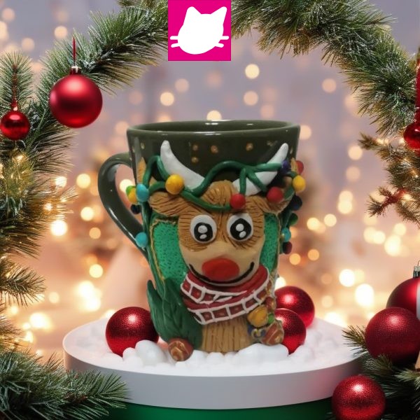 Sevimli Yeni Yıl Noel Geyiği Led Işıklı Polimer Kil Özel Tasarım Kupa Bardak
