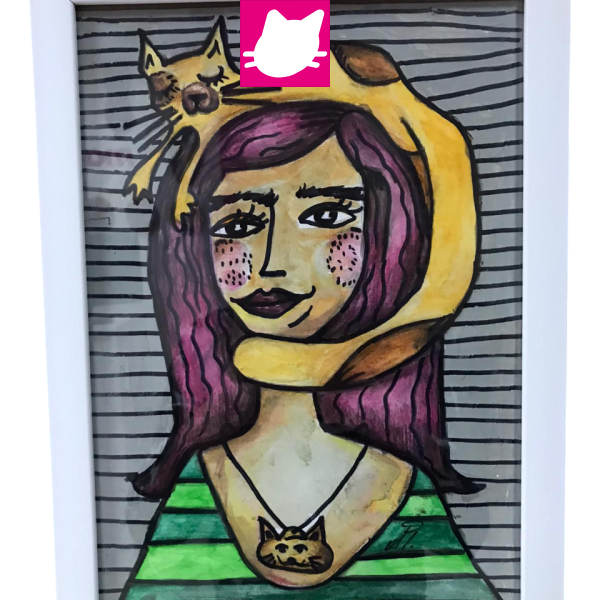 Alternative view of Kedi ve Kız Beyaz Çerçeveli Suluboya Tablo