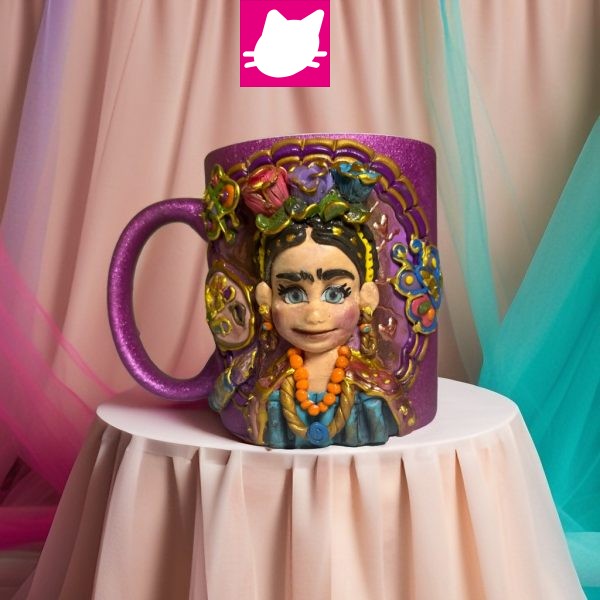 Ressam Frida Kahlo Detaylı Polimer Kil Kupa Bardak