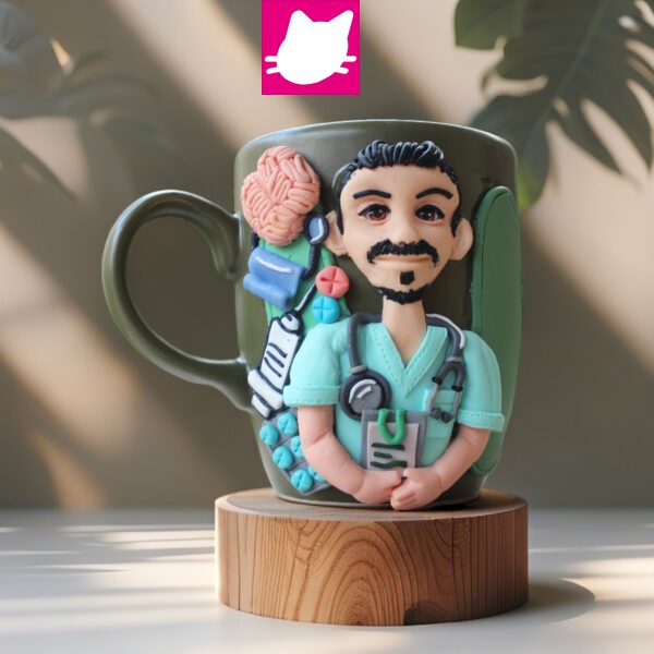 KİŞİYE ÖZEL EL YAPIMI, BEYİN CERRAHI DOKTOR HEDİYESİ, 3D KABARTMA ESMER ERKEK DOKTOR KUPA BARDAK
