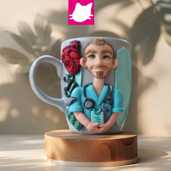 KİŞİYE ÖZEL EL YAPIMI, KALP CERRAHI DOKTOR HEDİYESİ, 3D KABARTMA SARISIN KUMRAL ERKEK DOKTOR KUPA BARDAK