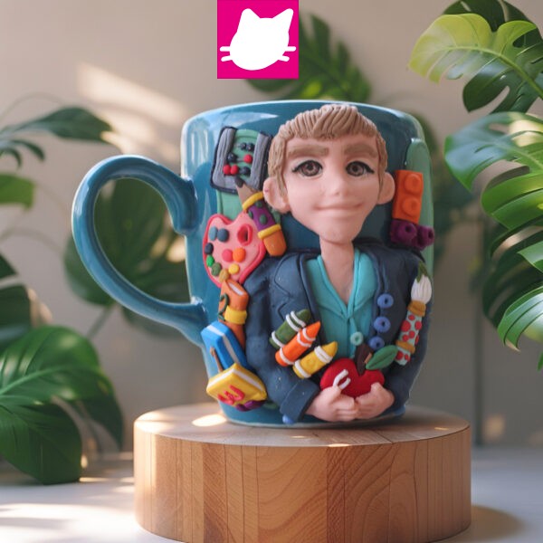 KİŞİYE ÖZEL EL YAPIMI, ÖĞRETMEN HEDİYESİ, 3D KABARTMA SARISIN ERKEK ÖĞRETMEN KUPA BARDAK